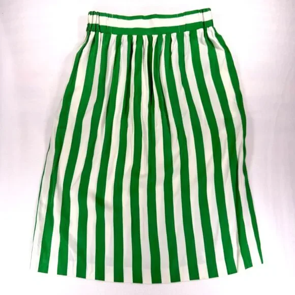 Vintage 80's Green and White Striped Midi Skirt with Pockets Retro Size 11/12 - Picture 2 of 6